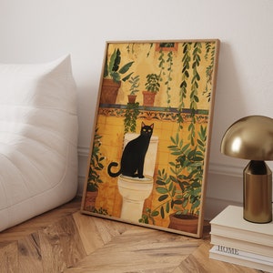 Badezimmer Wandkunst, lustiges Toilettenposter, Geschenk für Katzenmenschen, Toilettenwandkunst, bunte Badezimmerkunst, süße schwarze Katze, digitale Download-Datei