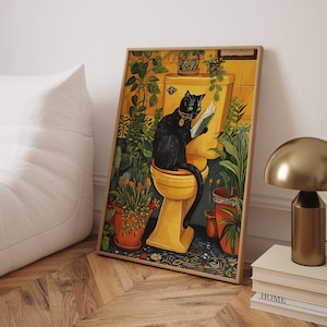 Bathroom Wall Print, Funny Cat Poster, High Quality Print, Toilet Wall Print, Colorful Cat Art Print, Cute Black Cat, Gift for Cat People