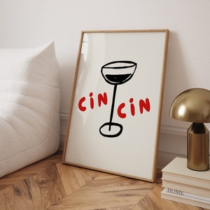 CIN CIN trendy barposter, Cheers Bar Cart Print, minimalistische bar Art Print, schattige print, esthetische appartement muurkunst, hoge kwaliteit print