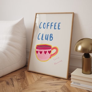 Póster rosa de Coffee Club, póster de arte de pared con café, decoración de pared con buenos días, arte de café femenino, diseño minimalista, impresión de regalo para amantes del café
