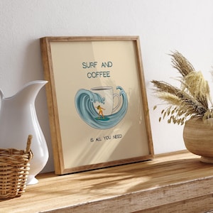 Kaffee Poster, Surf und Kaffee Poster, Kaffee Liebhaber Geschenk, Coffee Station Wandkunst, Coffee Club Poster, Surfing und Kaffee