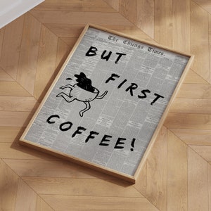 Coffee First | Impressão de jornal retrô | Arte de parede de café | Pôster de café | Pôster de café minimalista | Pôster de tipografia | Pôster de cozinha