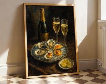 Oyster & Champagne Still Life Art Print: French Bistro Kitchen Decor