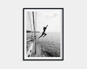Dive In Wall Art, Fearless Swimmer Print, Mediterranean Sea Monochrome Poster