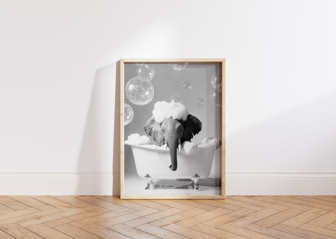 Cute Elephant in A Tub Poster, Bathroom Funny Print, Elephant Wall Art ...