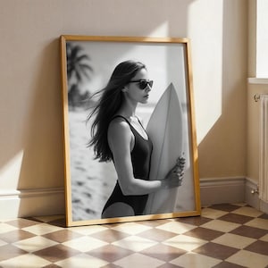 Surfer Girl Wall Art – Black and White Fashion Print, Modern Coastal Decor, Vintage Summer Beach Poster