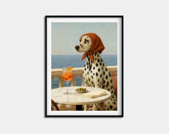 Dalmatian Wall Art, Dog in Headscarf Painting, Seaside Terrace Spritz Print