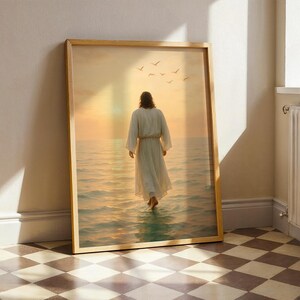 Jesus geht über das Wasser - spirituelle christliche Wandkunst, glaubensbasiertes Poster, ruhiges religiöses Dekor, biblische Sonnenuntergangsillustration
