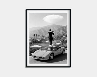 Golfer on Supercar Print, Black and White 80s Sports Car Poster, Golf Wall Art