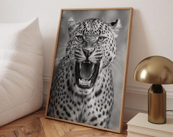 Black and White Leopard Roar Print | Fierce Animal Photography Poster | Bold Wildlife Wall Art for Home Decor