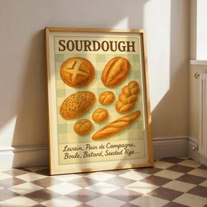 Sourdough Bread Print – Rustic Kitchen Wall Art, French Bakery Poster, Watercolor Bread Illustration