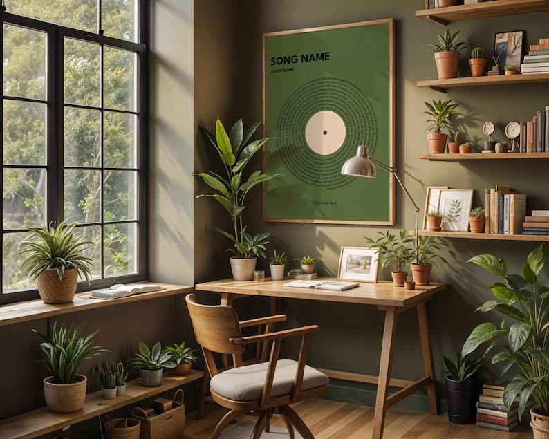 May include: A cozy home office with a wooden desk, chair, and shelves filled with plants and books. A framed green poster with the text "SONG NAME" and a vinyl record design hangs on the wall. A window with a view of greenery is on the left.