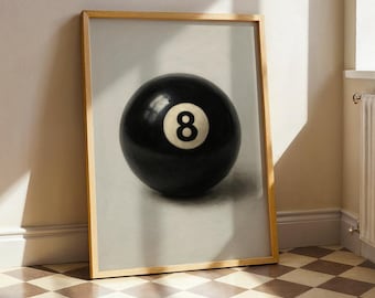 Vintage 8 Ball Print, Black and White Billiards Wall Art, Retro Pool Ball Poster for Game Room or Bar Decor
