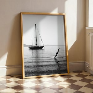 Luxury Yacht Ocean Wall Art – Summer Black and White Sailboat Photography with Diver, Minimalist Coastal Print, Nautical Travel Decor