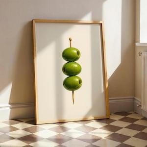 Impresión de aceitunas Martini: póster minimalista de cóctel, arte mural de aceitunas verdes, decoración moderna para cocina o bar, ilustración de Martini sucio