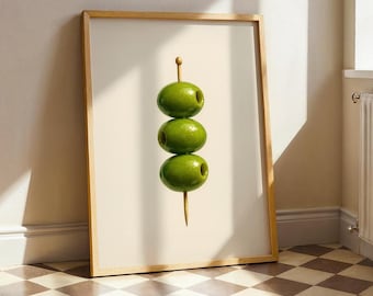 Martini Olive Print – Minimalist Cocktail Poster, Green Olive Wall Art, Modern Kitchen or Bar Decor, Dirty Martini Illustration