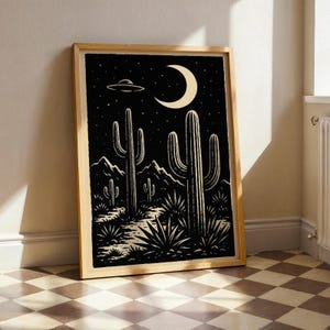 Schwarz-Beige Kaktus Kunst - Retro Wüste Poster, minimalistisches surreales Wandbild, Boho Western Dekor, Vintage moderne Kaktus Kunst