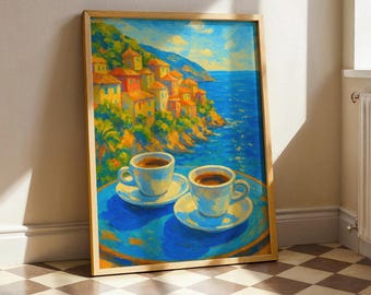 Coastal Coffee Art Print – Mediterranean Espresso Poster, Colorful Seaside Wall Art, Cafe Decor for Kitchen or Beach Home