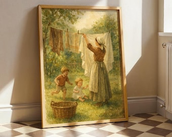 May include: A framed print depicts a woman hanging laundry on a clothesline, with two children playing nearby. The artwork features a pastoral scene with a woven basket in the foreground and a lush green background. The color palette includes browns, greens, and whites.