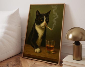 Tuxedo Cat Drinking Whiskey Poster | Funny Moody Cat Wall Art | Vintage Style Animal Print | Dark Humor Home Decor