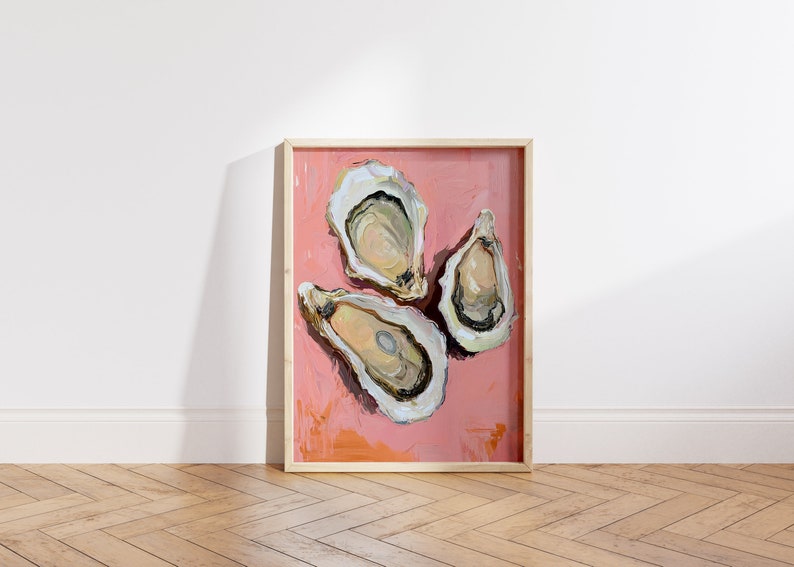 Oyster Watercolor Print, Aesthetic Kitchen Decor, Retro Dinner Table Print, Pink Oyster Kitchen