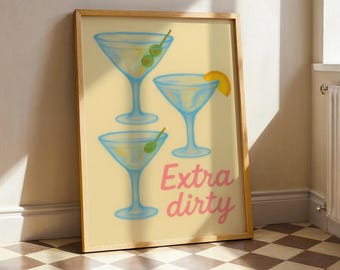 Minimalist Cocktail Poster – Extra Dirty Martini, Feminine Bar Art, Pastel Cocktail Illustration, Pink Wall Print for Kitchen