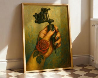 Impresión artística de póster de máquina de tatuajes: mano de mujer con tatuaje de rosa, obra de arte tradicional, decoración de estudio de artista audaz, póster de tinta neotradicional