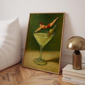 Pin-Up Girl Martini Dive Art Print – Retro Cocktail Poster, Vintage Style Wall Art, Olive Martini Painting, Bar Cart Decor