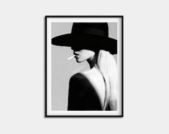 Dark Feminine Wall Art, Woman in Black Hat Smoking Print, Film Noir Poster