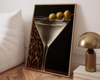 Martini Glass Leopard Print Poster: Chic Bar Cart Wall Art