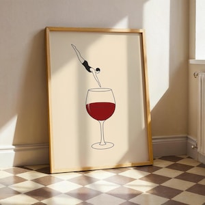 Minimalistischer Wein Kunstdruck, Eintauchen in Wein Poster, Rotwein-Wanddekor, moderne Barwagen Kunst, lustiger Wein-Liebhaber Geschenk, schrulliger Küchen-Druck