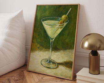 May include: A painting of a martini glass with two green olives on a toothpick. The glass is filled with a light yellow liquid and is sitting on a white surface. The background is a dark green color.