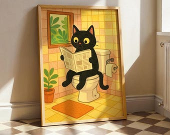 Funny Black Cat Wall Art – Quirky Bathroom Poster, Cat on Toilet Reading Newspaper, Whimsical Print for Cat Lovers