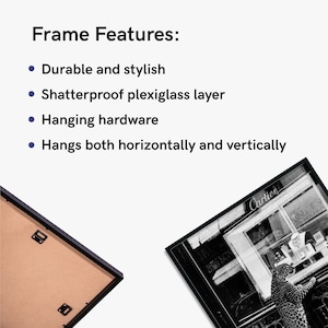 May include: Black framed art print featuring a black and white photograph of a Cartier storefront with a leopard. The frame features durable and stylish construction, a shatterproof plexiglass layer, and hanging hardware. The frame hangs both horizontally and vertically.