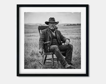 Old West Frontiersman Tintype Print, Pipe Smoking Gunslinger Poster, Prairie Wall Art