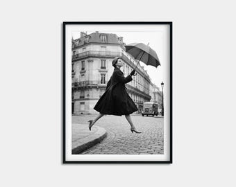 Vintage Paris Umbrella Print, Black and White 1950s Fashion Poster, Parisian Chic Wall Art