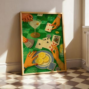 Wydruk artystyczny Poker Night, plakat z kartami do gry w stylu vintage, dekoracja ścienna do wózka barowego w stylu retro, grafika do kuchni imprezowej inspirowana latami 70.