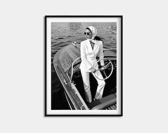 Póster de dinero antiguo, lámina vintage de barco Riviera, arte mural de moda en blanco y negro.