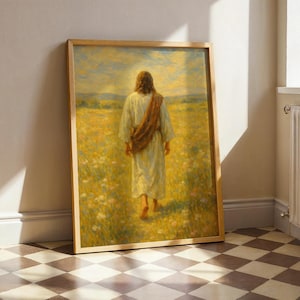 Jesús caminando por el prado: arte mural cristiano apacible, póster religioso espiritual, impresión religiosa, obra bíblica serena