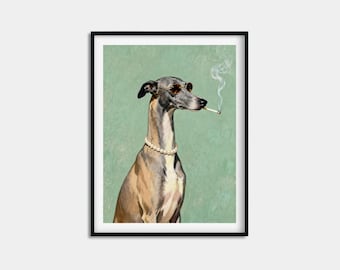 Whippet Wall Art, Smoking Dog Painting, Maximalist Pearl Necklace Greyhound Print
