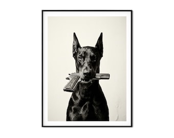 Dobermann Portrait Druck Schwarz Weißer Hund Fotografie Wandkunst, Luxus Fashion Poster