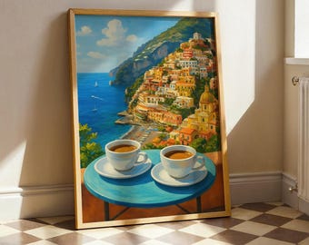 Impresión de café de la Costa Amalfitana: Arte de Positano, Italia, decoración de cafetería mediterránea