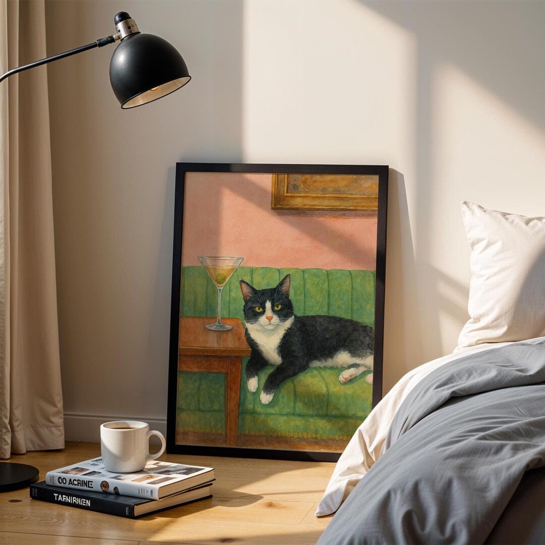 Tuxedo Cat Martini Poster | Funny Watercolor Cat Wall Art | Classy Pet ...