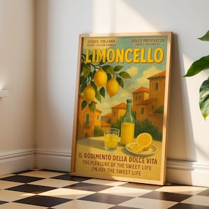 Peut inclure: Une affiche encadr&eacute;e de style vintage pour le Limoncello, avec des citrons, une bouteille, et un verre de la boisson. Le texte comprend "Estate Italiana" et "Dolce Freschezza". L'image pr&eacute;sente &eacute;galement des b&acirc;timents italiens.