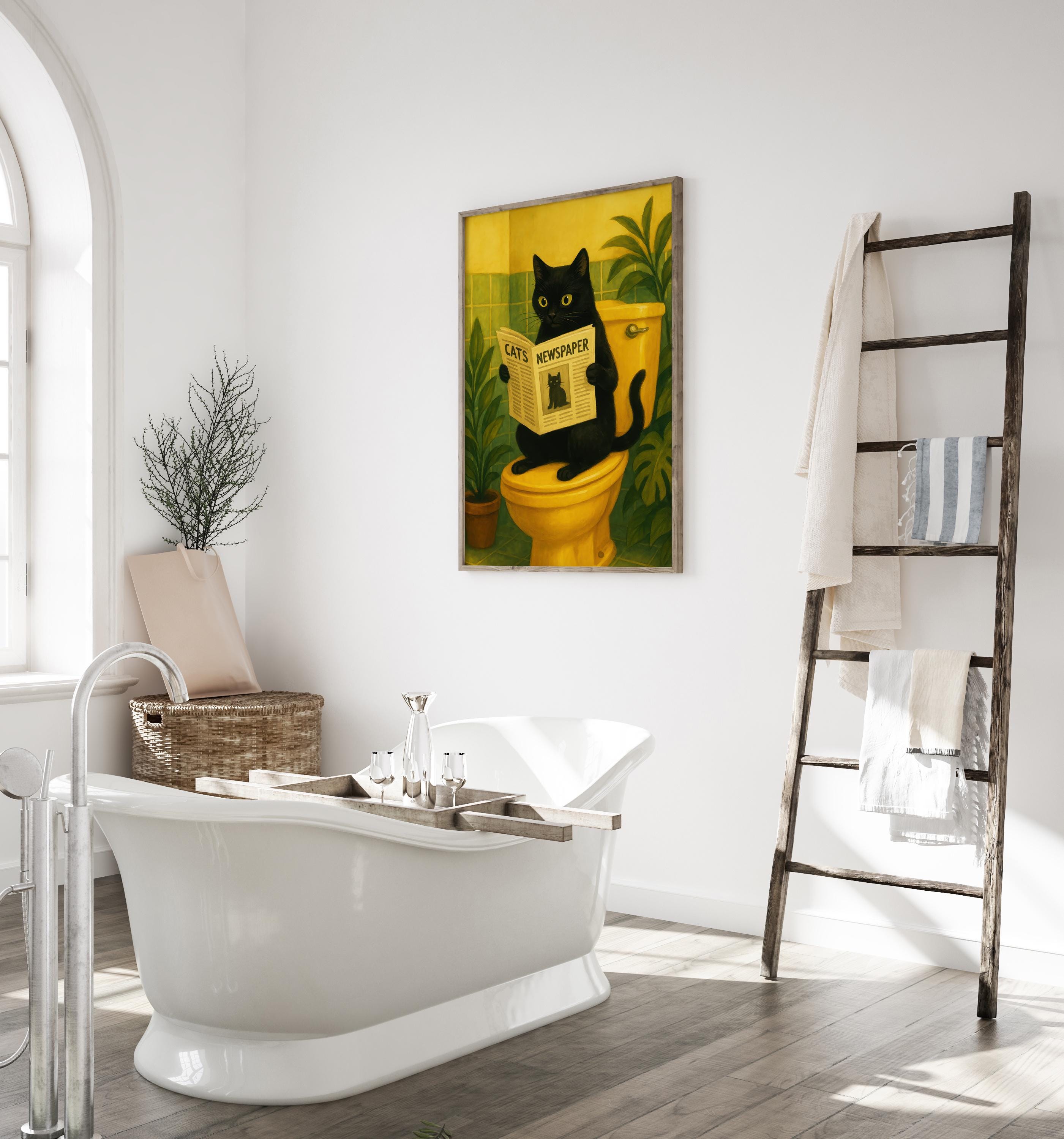 Stampa Su Tela Con Gatto Nero E Squalo - Quadro Umoristico Incorniciato 30x40 Cm Per Parete - 2