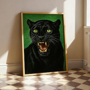 Vintage Black Panther Poster – Bold Jungle Animal Art Print, Fierce Wildlife Wall Decor, Green Aesthetic Artwork