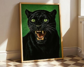 Vintage Black Panther Poster – Bold Jungle Animal Art Print, Fierce Wildlife Wall Decor, Green Aesthetic Artwork