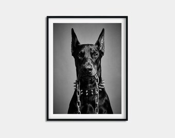 Dobermann Pinscher with Chain Print, Fierce Canine Guardian Poster, Gym Wall Art