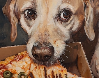 ピザを食べる犬の面白いアートプリント：気まぐれなキッチン