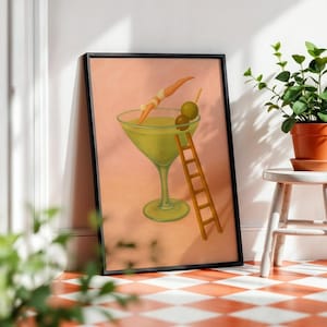 Pink Martini Kunstdruck | Skurriles Taucher-Poster | Retro Bar Wandkunst | Verspieltes Cocktail Küche Dekor